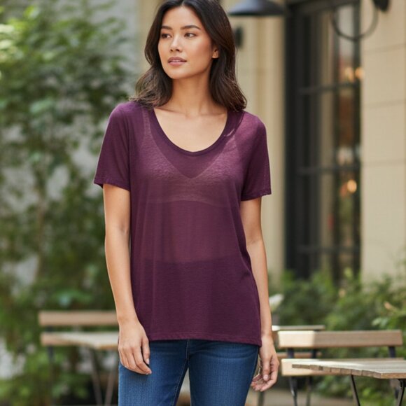 Aritzia Babaton T-shirt Top Sheer Mesh Short  Sleeve Crew neck Maroon Size XS - Picture 1 of 9